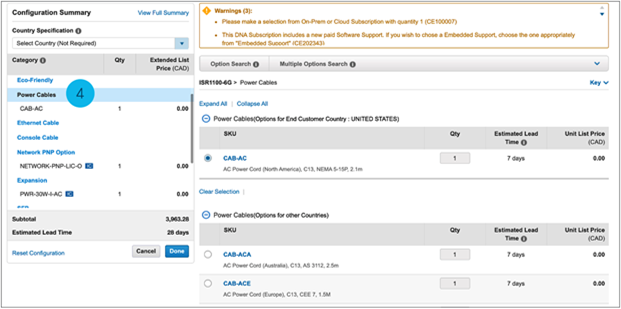 CCW Power Cables and Accessories Ordering Screenshot