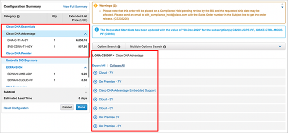 Cisco DNA subscription SKU selection