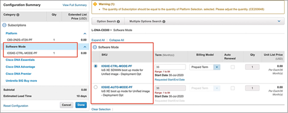 Software mode selection