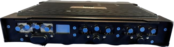 A black electronic device with blue knobs and buttonsAI-generated content may be incorrect.