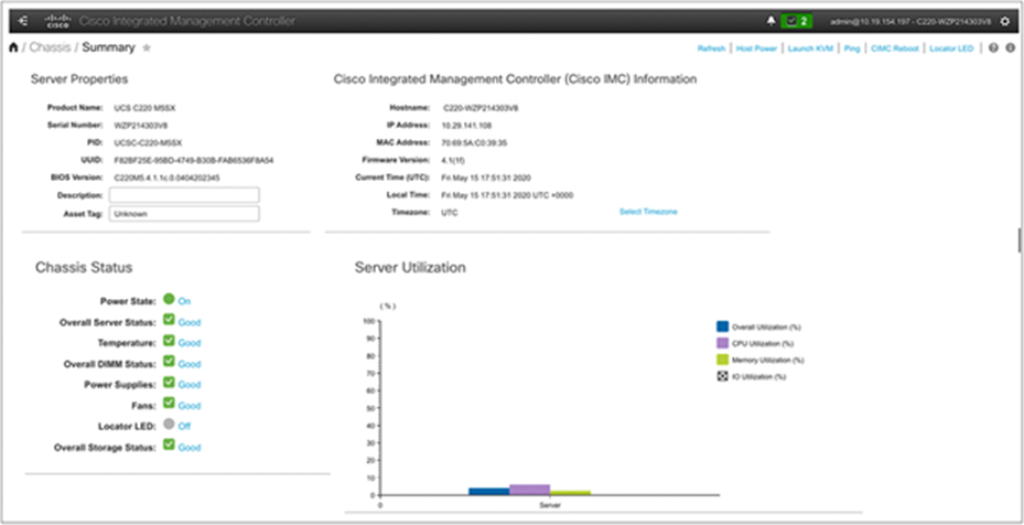 Cisco IMC server properties details, including chassis status and server utilization