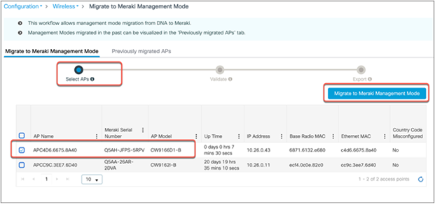 Select APs to convert to the Meraki management mode.