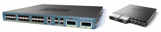 図 1 Cisco Catalyst 4928 10 ギガビット イーサネット スイッチと、ホットスワップ可能なファン トレイおよび電源装置	