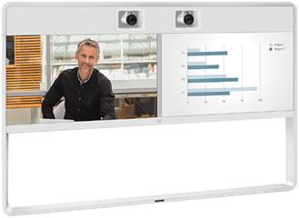 図 1 Cisco TelePresence MX700 は、55 インチのデュアル スクリーンを搭載（写真のデュアル カメラは、MX700 と MX800 の両方で利用可能なオプション）