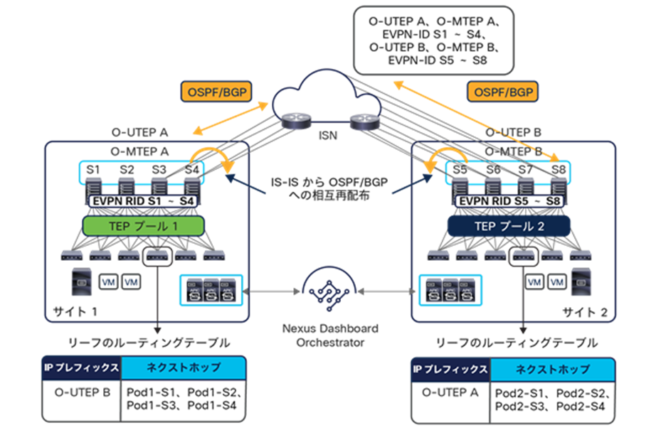 OSPF/BGP peering between the spine nodes in each site and the ISN