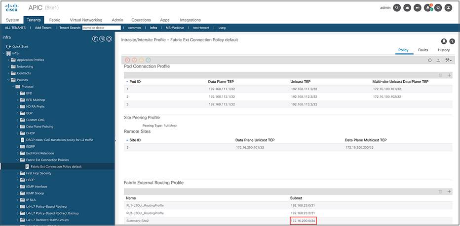 Defining a summary route for remote site 2 on the APIC of site 1