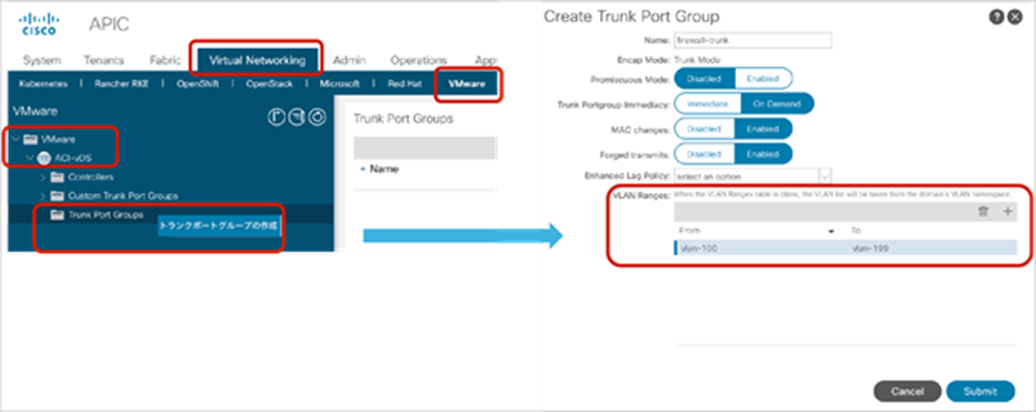 Virtual appliances with a trunk port-group configuration