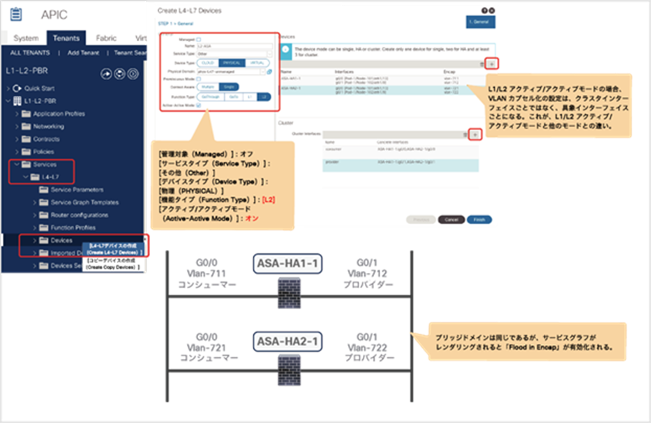 Create L4-L7 Devices (APIC Release 5.0) for L2 active/active deployment