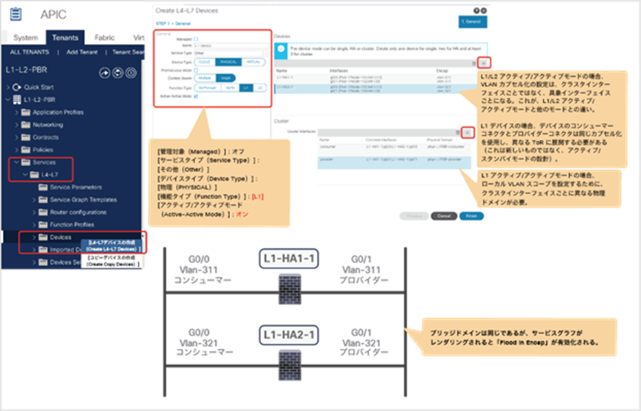 Create L4-L7 Devices (APIC Release 5.0) for L1 active/active deployment