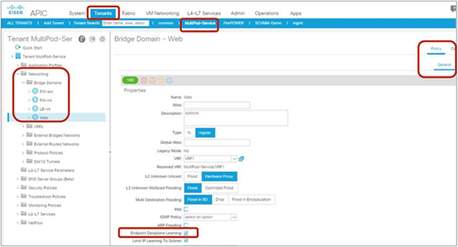 Enable and disable endpoint data-plane learning for the bridge domain