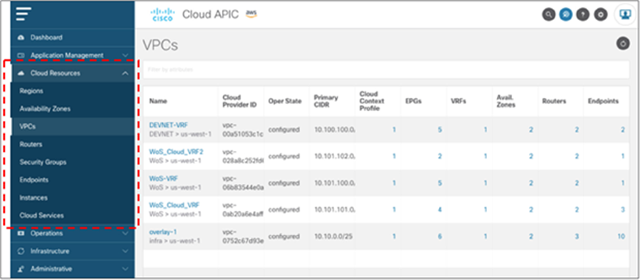 Native cloud resources view on the Cloud APIC UI