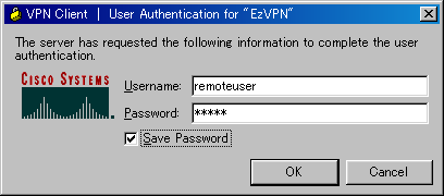 VPN Clientソフトウェアの認証画面　〜 user name/password入力画面
