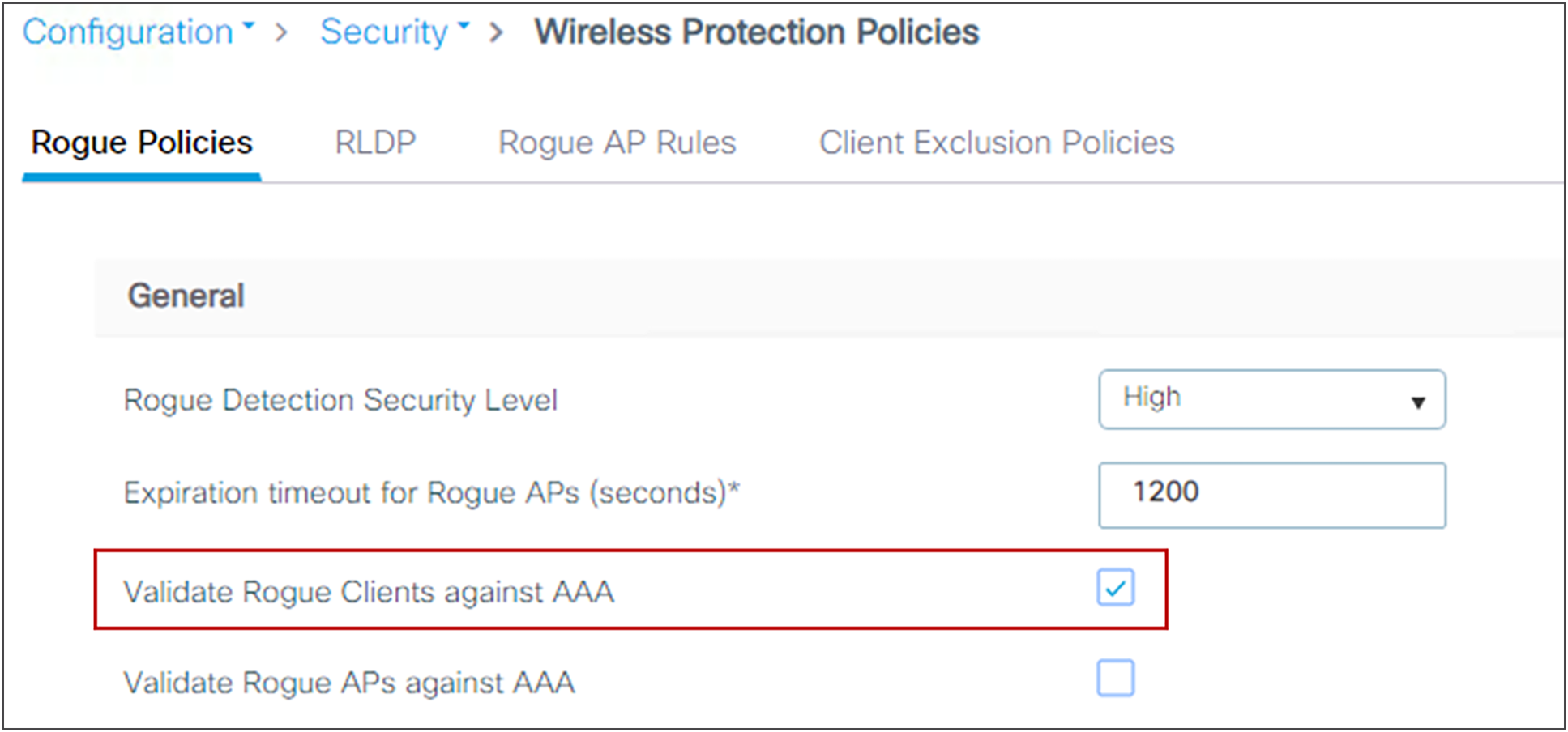 Enable rogue client AAA validation
