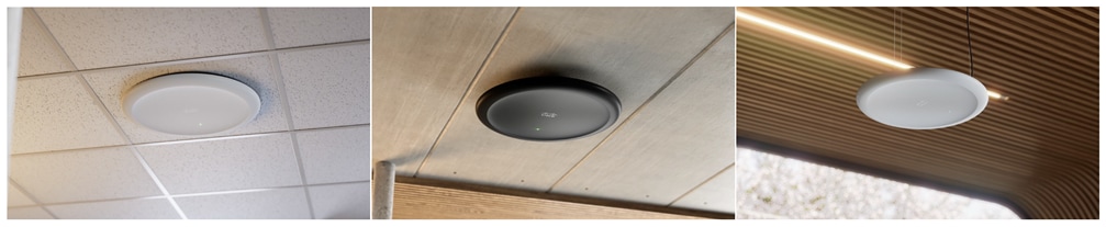 Ceiling Microphone Pro mount options: drop ceiling grid mount, ceiling bracket mount, and wire hanging ceiling mount.