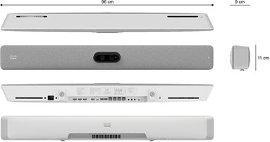 The Cisco Room Bar Pro video bar unit from top, front, side, bottom, and back view
