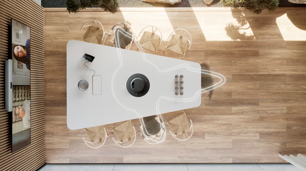 Adaptive beams tracking and capturing in-room participants’ voices in a medium meeting room.