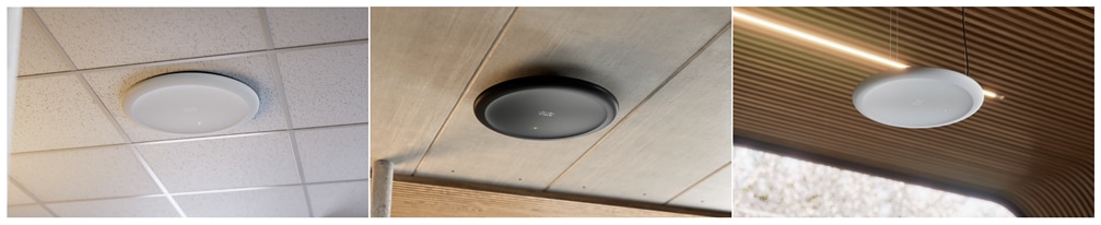 Ceiling Microphone Pro mount options: drop ceiling grid mount, ceiling bracket mount, and wire hanging ceiling mount.