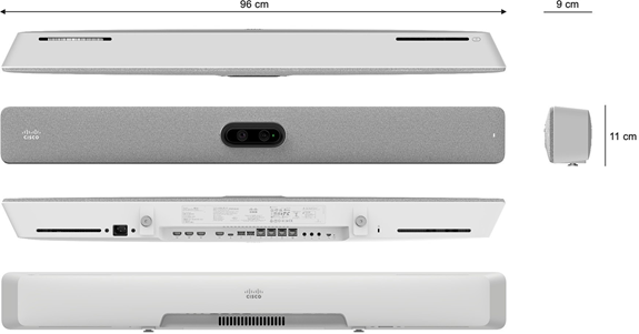 The Cisco Room Bar Pro video bar unit from top, front, side, bottom, and back view