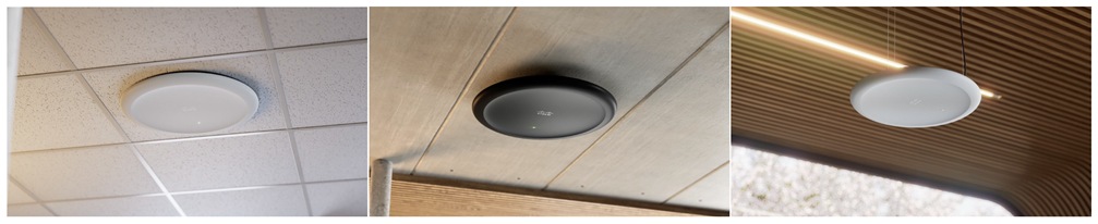 Ceiling Microphone Pro mount options: drop ceiling grid mount, ceiling bracket mount, and wire hanging ceiling mount.