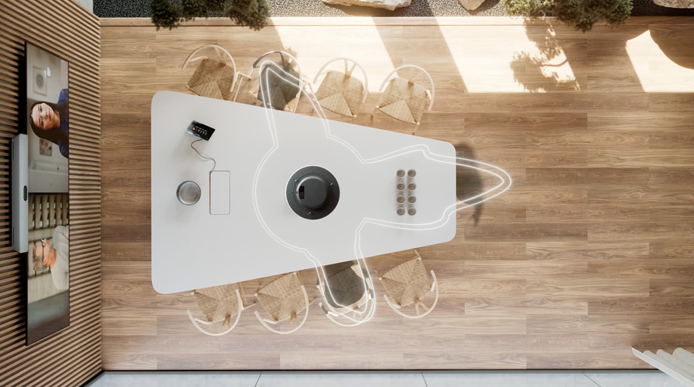 Adaptive beams tracking and capturing in-room participants’ voices in a medium meeting room.
