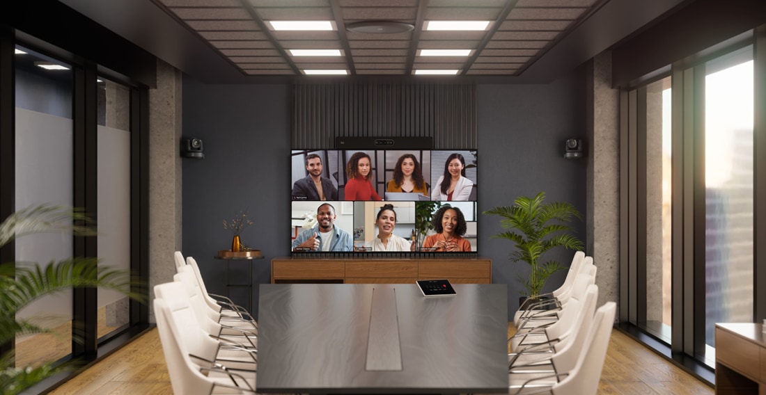 The Cisco Room Kit EQ combined with a Cisco Ceiling Microphone Pro and two Cisco Room Vision PTZ cameras to enable the cinematic Cross-view experience.