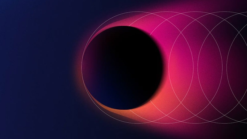 An abstract graphic showing a dark circle surrounded by white concentric lines and a pink-to-orange gradient wave.