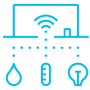 Symbol für intelligente Gebäude mit einem Computer, der mit Geräten verbunden ist, die Wasser, Heizung und Elektrizität steuern