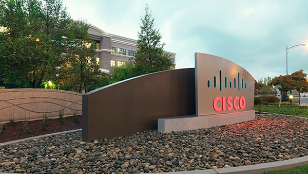 Cisco logo sign at company headquarters 