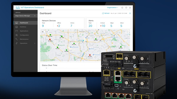 Cisco Catalyst Rugged Series routers and a monitor showing the Cisco IoT Operations Dashboard