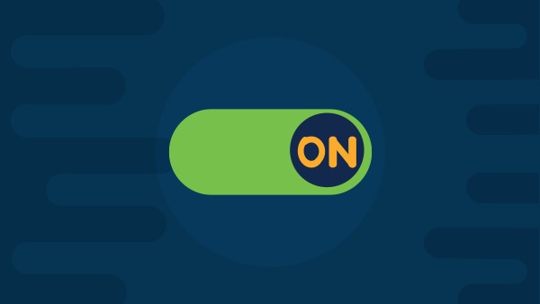 Iconography of green “ON” button against a blue background