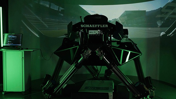 Projection of a racetrack on a screen in front of a driver's seat