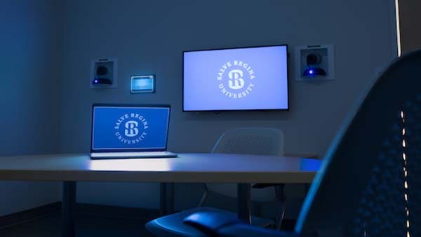 Computer monitor and television screen with Salve Regina logo