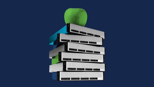 Servers stacked to look like books with an apple placed on top