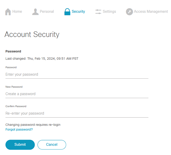 Profile security details - change password