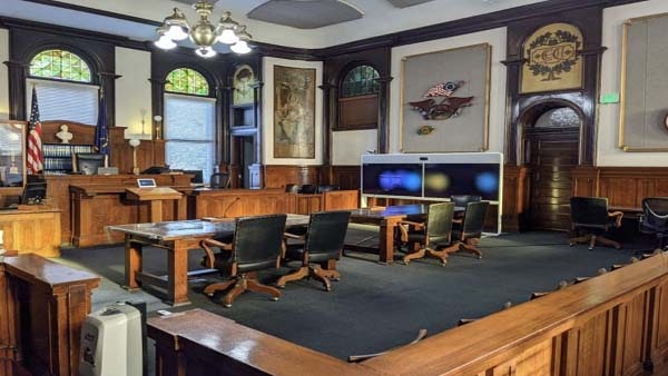 The inside of an empty court room