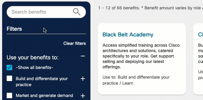 Example of how to filter: Expand 'Build and differentiate your practice' by clicking its plus icon, then check the 'Develop solutions' checkbox that appears under it.