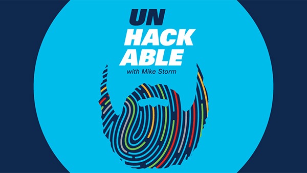Unhackable with Mike Storm logo with beard (gray, blue, yellow, and red)