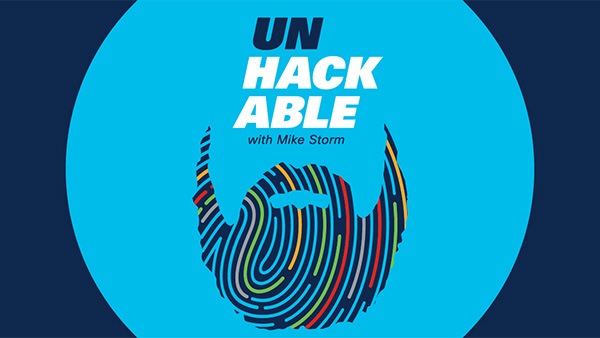 Unhackable with Mike Storm logo with beard (gray, blue, yellow, and red)