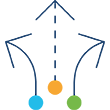 A navy blue outline of three arrows pointed up diverging into three different directions.