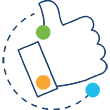 A navy blue outline of a thumbs up inside a dotted circle.
