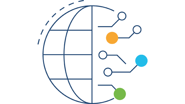 A navy outline of a globe with the right half made up of connected lines and circles.