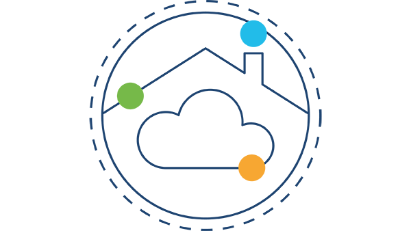 A navy outline of a circle encasing the roof of a house and a cloud inside of it.
