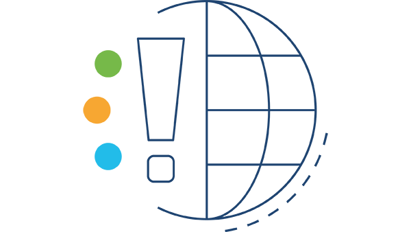 A navy outline of a globe, with the left half containing a giant exclamation mark and three circles, green, orange, and blue.