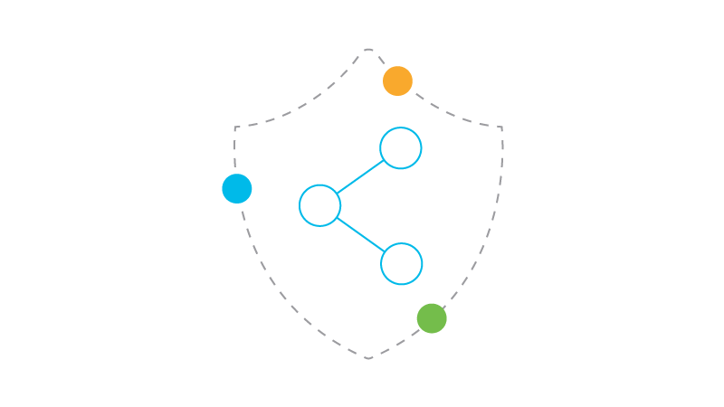 A grey outline of a defense shield with three circles connected together inside of it.