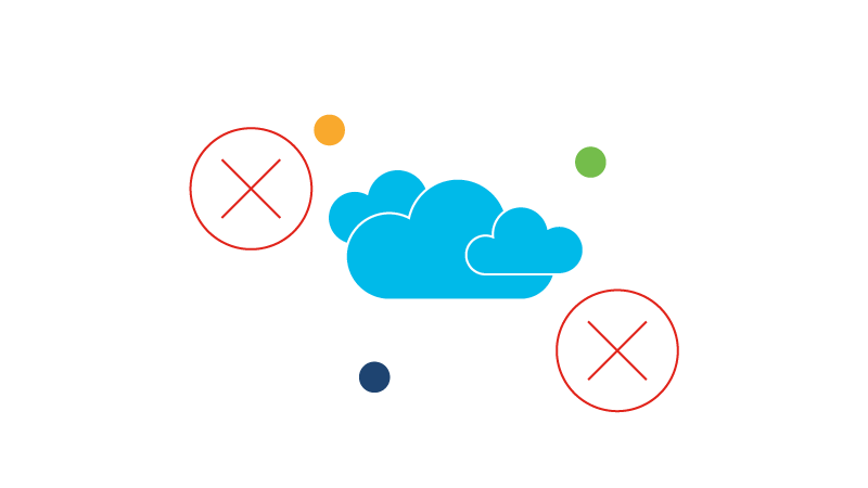 A white outline of three clouds inside a large circle and two smaller clouds along its edge crossed out in separate smaller red circles.