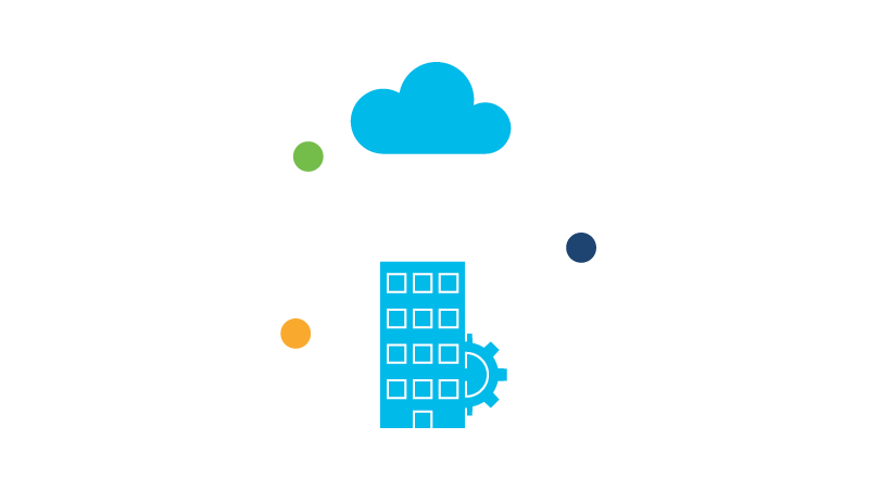 A white outline of a building with a gear behind it and a cloud above it inside a dotted circular white outline.