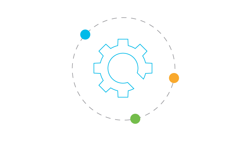 A sky blue outline of a large gear with a wrench over it inside a large dotted circular white outline. 