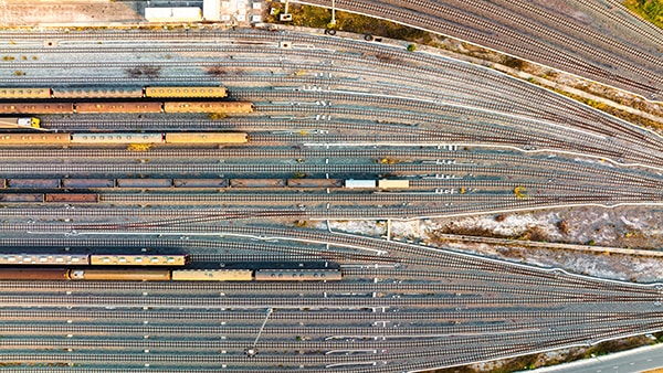 Aerial view of trains in a rail yard