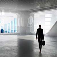 A man walking into a white space