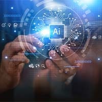 person touching a screen with AI on it. 